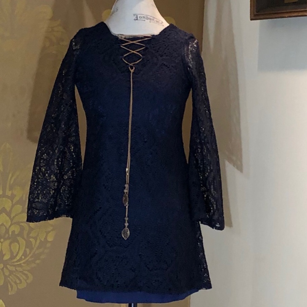 Rare Editions Navy Blue 3/4 Sleeve Lace Dress Sz16